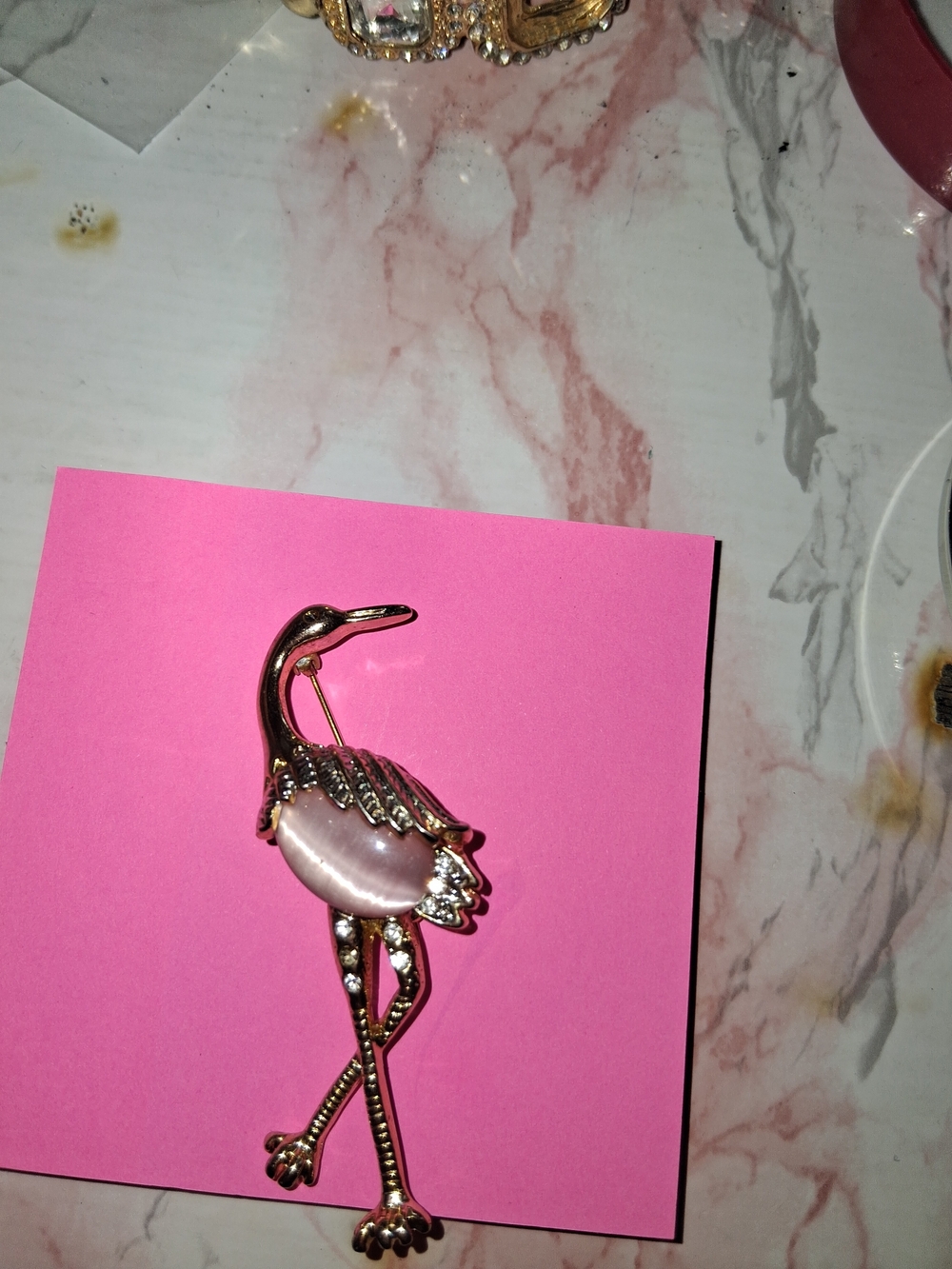 Source Unknown Gold-Tone Flamingo Brooch with Pink Cabochon